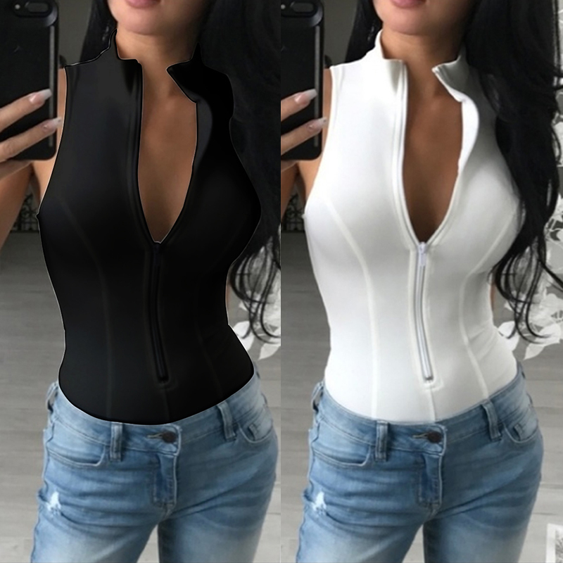 Summer Casual Top Tees Women T-Shirt Zipper Tank s Sleeveless Sexy Slim Crop Female Black White s 220316
