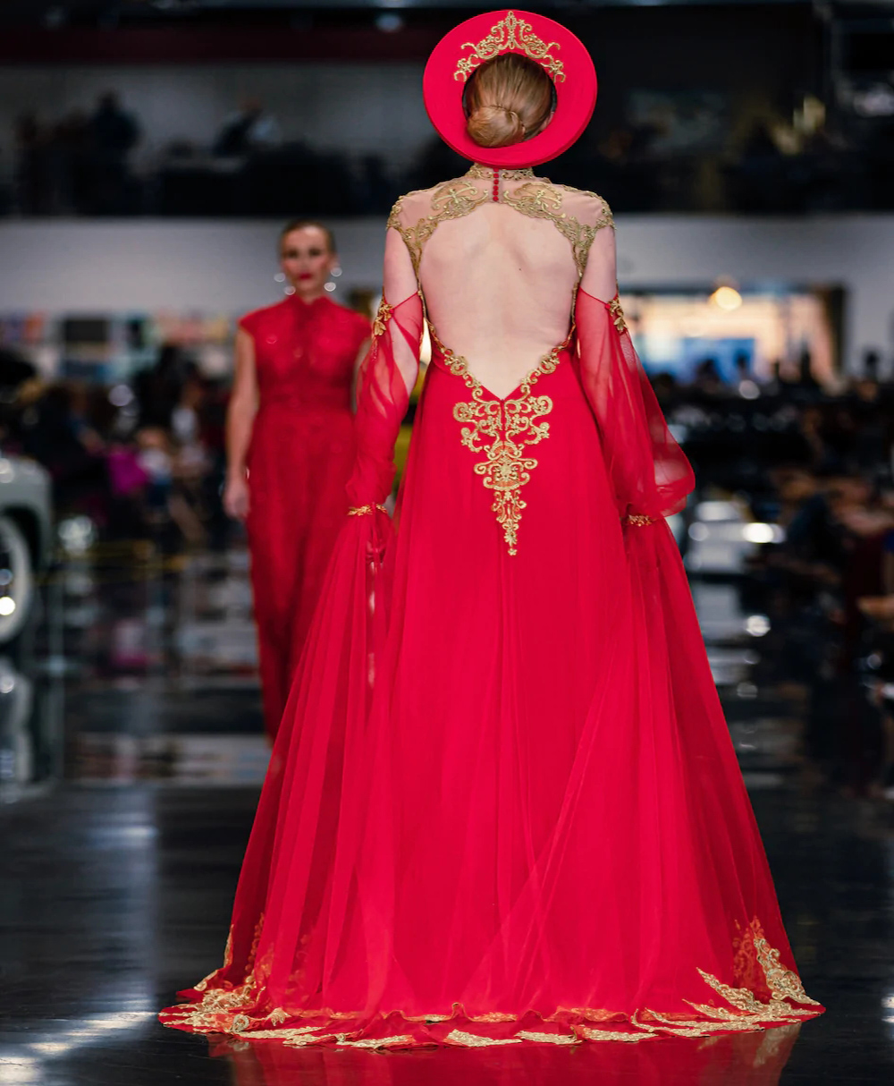 Luxury Red Arabic Evening Dress 2022 With Gold Lace High Neck Caftan Morrocan Prom Dresses Formal Party Wear Vestidos De Noche Robe De Mariee Vestido 