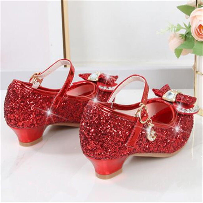 Kids Shoes Sandals Sequin Girls High Heel Shoes Round Head Soft Bottom Bow Children Princess Shows Crystal Leather Shoe