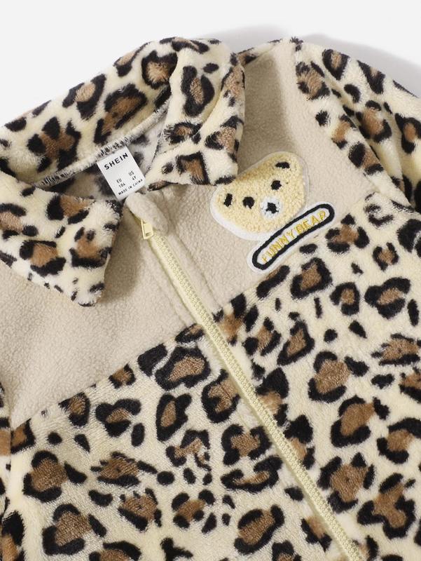 Toddler Boys Leopard Pattern Bear Patched Zipper Teddy Jacket SHE