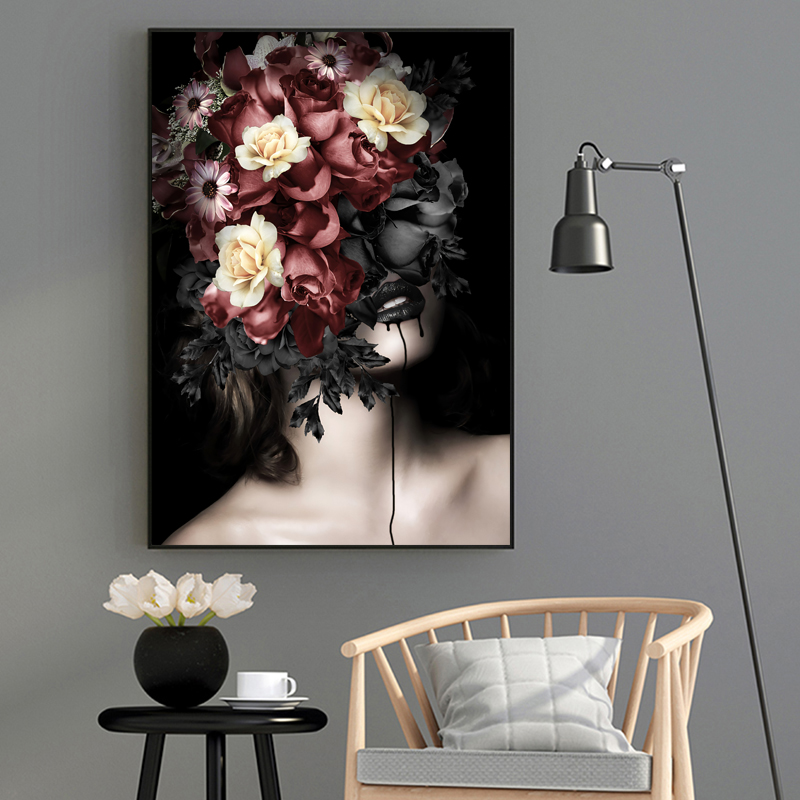 Modern Fashion Art Girl With Flower Poster Wall Art Pictures for Living Room Portrait Posters and Prints Canvas Painting Modern Home Decor