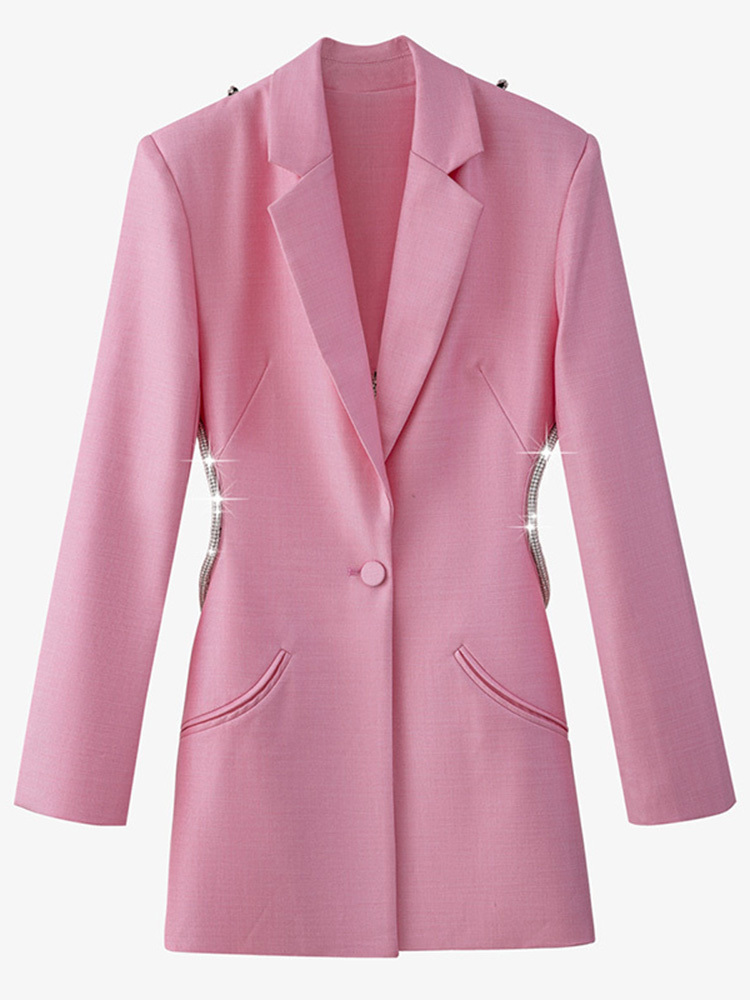 VGH Green Patchwork Diamond Blazer For Women Notched Long Sleeve Backless Hollow Out Casual Straight Blazers Female Fashion 220402