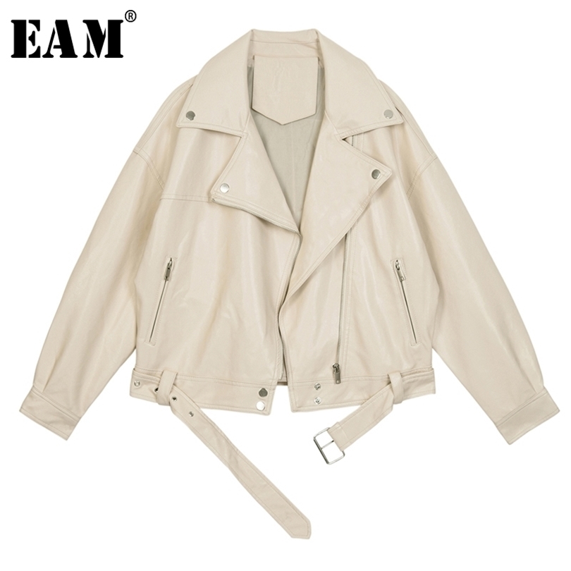 New Spring Autumn Lapel Long Sleeve Apricot Pu Leather Loose Big Size Short Jacket Women Coat Fashion JX445 T200831