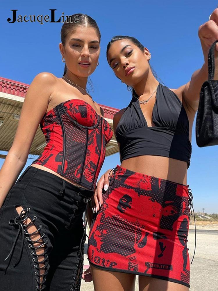 Jacuqeline 2022 Bangage Sexy Tube Top and Graphic Mini Skirts Set Women 2 Piece Outfit Club Fashion co ord Gothic Y2K Dress Sets 220507