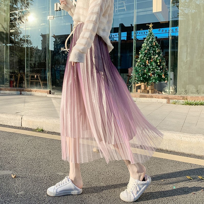 High Waist Mesh Long Skirt Women's Spring And Summer Sequin Gradient Color Pleated Midi Tulle s Female Sweet Fairy 220317