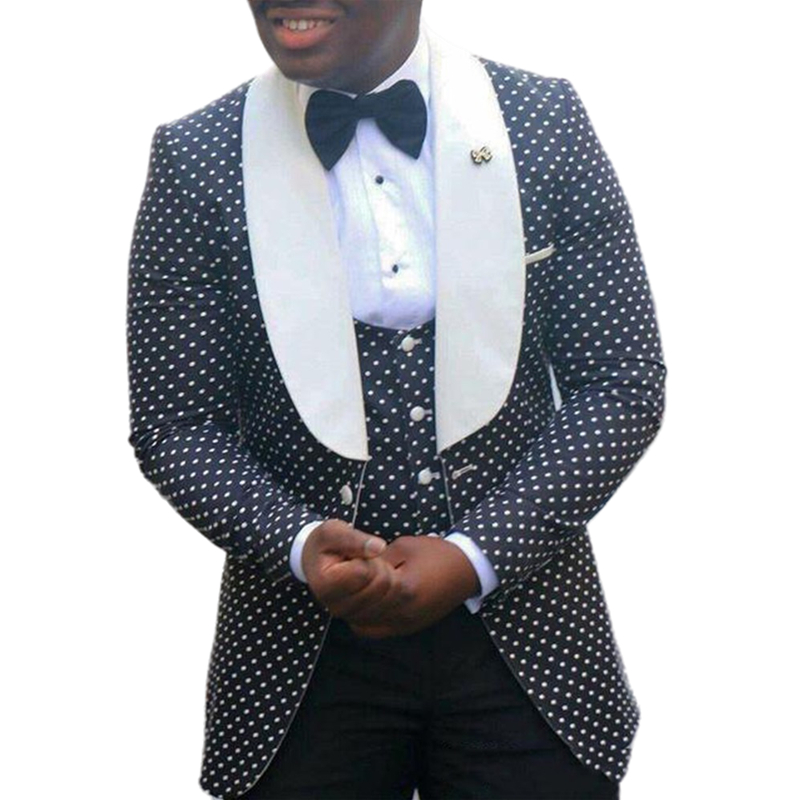 African Men Suits 3 Pieces Groom Wear Dots Wedding Tuxedos Stylish White Shawl Lapel Formal Business Suit Jacket+Vest+Pants Slim Fit Male Prom Party B
