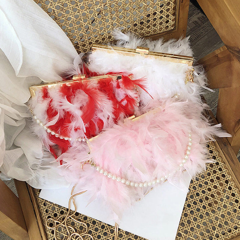 Free Shipping White Feather Handbag Womens Evening Clutch Exquisite Pearl Chain Wedding Bridal Shoulder Bag Party Banquet Tote Designer Bag Luxury Bag