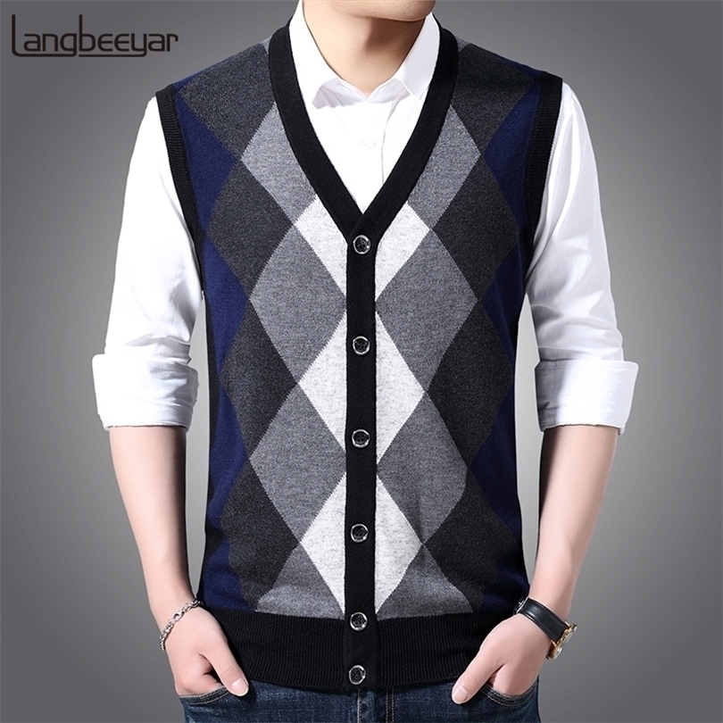 6% Wool Fashion Sleeveless Sweater Men Pullovers Cardigan Jumpers Knitwear Vest Winter V Neck Slim Fit Casual Clothing Male 201125