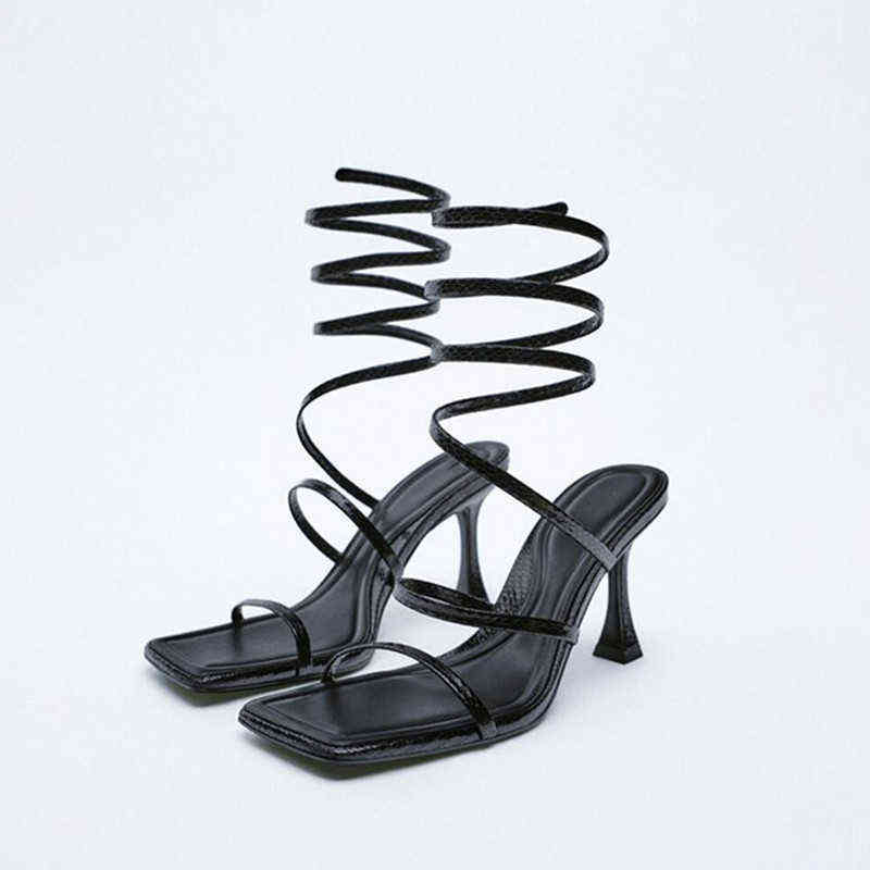 Sandals Women High Heels Shoes 2022 Gold Spiral Belt Fashion Heel Black Casual Square Head Stiletto Pumps 220412