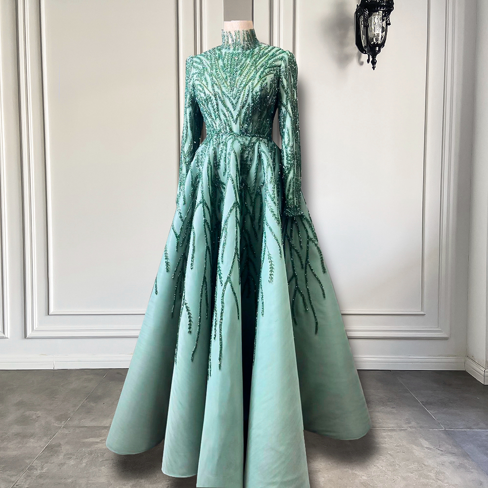 Real Sample Evening/prom Dresses 2022 Long Sleeve Formal Gowns High Neck Sparkly Beaded Mint Green Muslim Women Arabic Style Organza