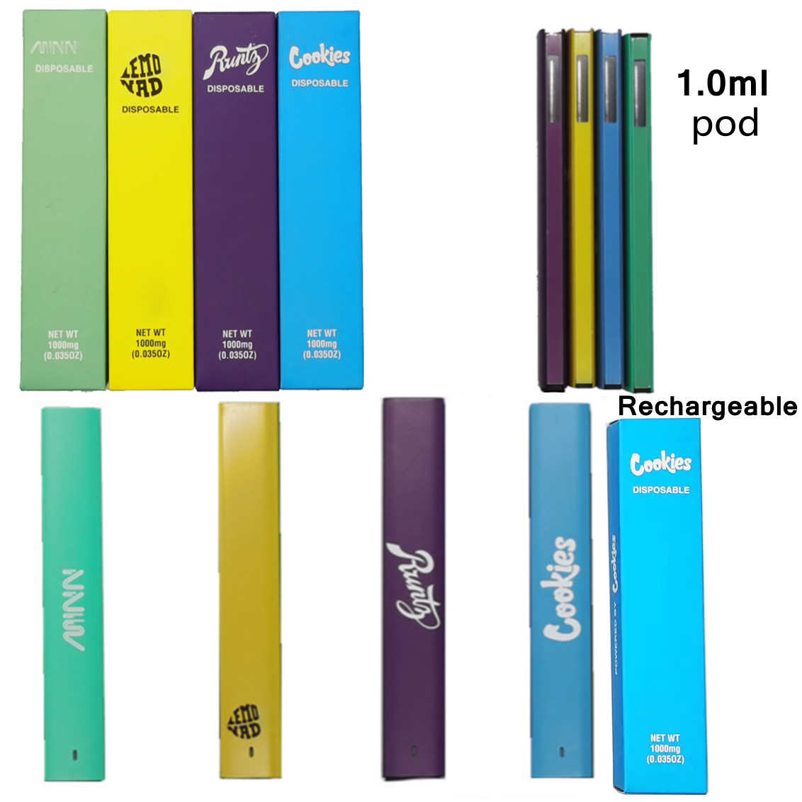 Runtz Cookies 1.0ml Disposable Vape Pen Electronic Cigarettes Bottom Rechargeable 280mah Battery Starter Kits Vaporizer Packaging Stater Kits OEM Logo 4 Colors
Runtz Cookies 1.0ml Disposable Vape Pen Electronic Cigarettes Bottom Rechargeable 280mah Battery Starter Kits Vaporizer Packaging Stater Kits OEM Logo 4 Colors