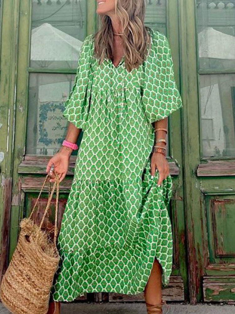 Boho Maxi Dress Women Floral Print Summer Holiday Beach Dress Female Short Puff Sleeve Loose Sundress Green Vestidos Mujer 220429
