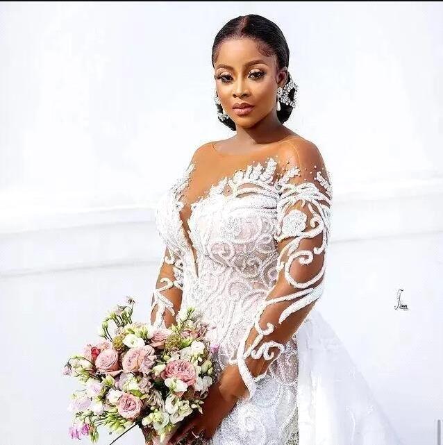 Plus Size Lace Mermaid Wedding Dresses 2022 With Detachable Train Sheer Long Sleeves Beaded Lace Appliqued Bridal Gown Custom Made Robe de mariee