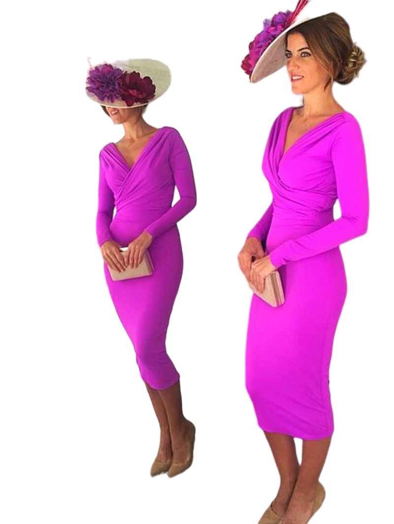 Fuchsia Hot Pink Monther Of the Bride Dresses with Long Sleeve Tea-length Mother Occasion Prom Party Gown Vestido De Madrinha