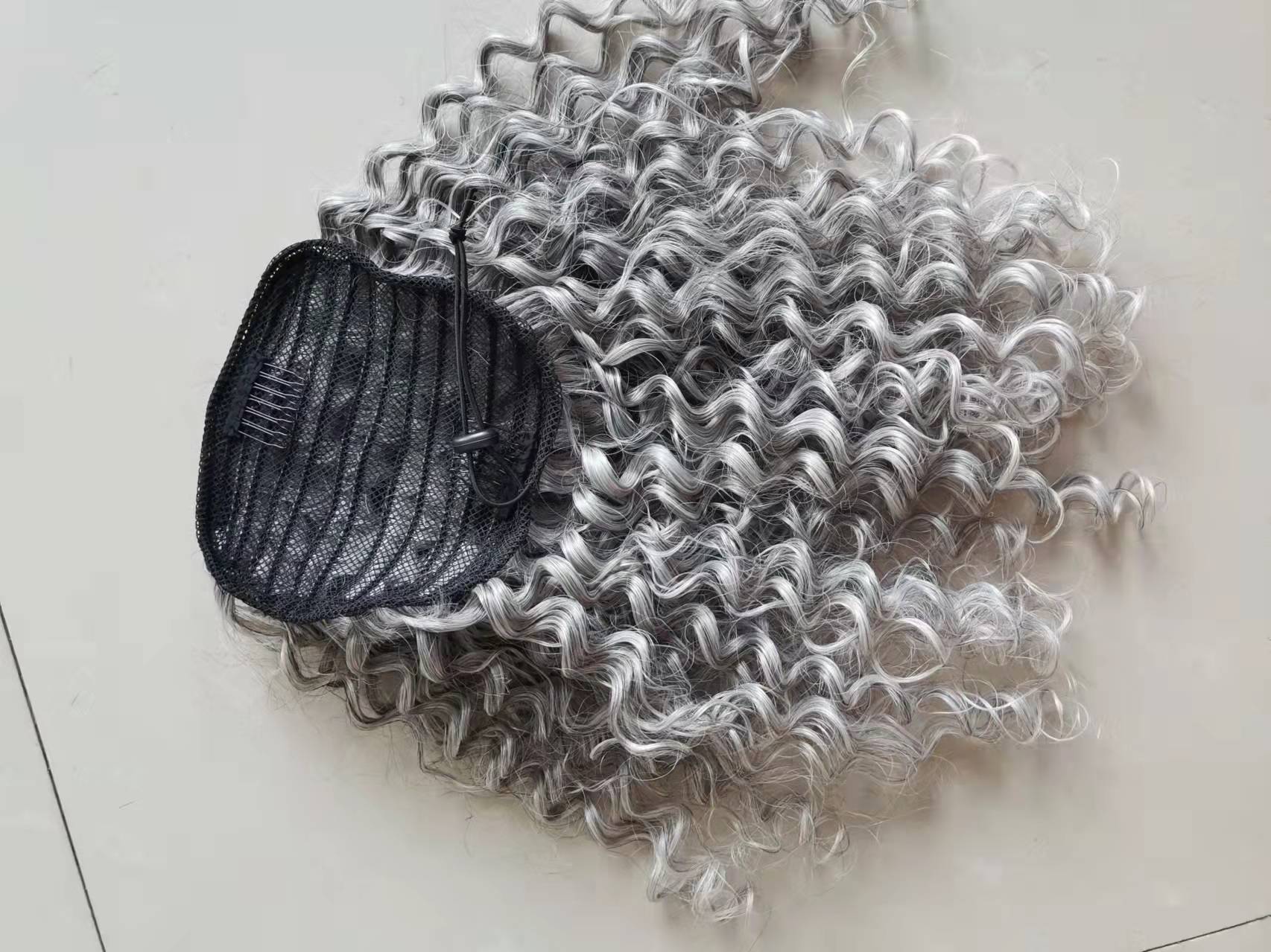 Short high kinky curly gray ponytail hairpiece silver grey salt and pepper pony tail puff bun updo extension natural highlights 120g 14inch