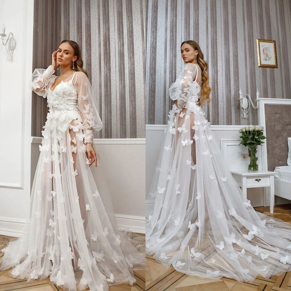 New Women's Tulle Wraps Photo Robes Custom Made Soft Ruffled Long Sleeves Pajamas Dresses Maternity Party Gowns Photo Shoot Bathrobes