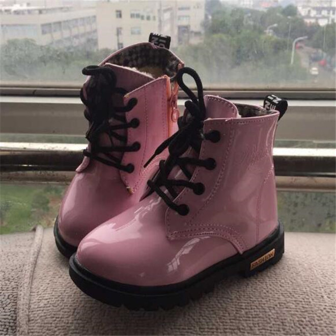 New Fashion Kids Girls Martin Boots Autumn Winter Children Boys Plus Velvet Ankle Snow Boot Patent Leather Baby Toddler Shoes