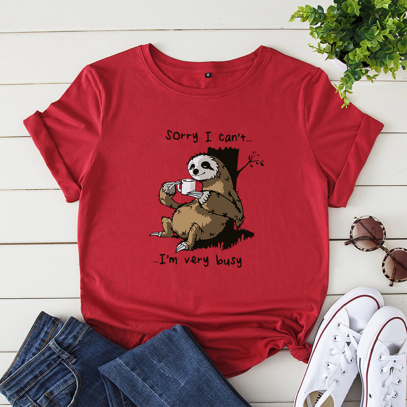 JCGO Women T-shirt Summer Short Sleeve Cotton Ladies Regular Cute Lazy Sloth Print Funny Casual O Neck Female T Shirts Tees Tops 220321