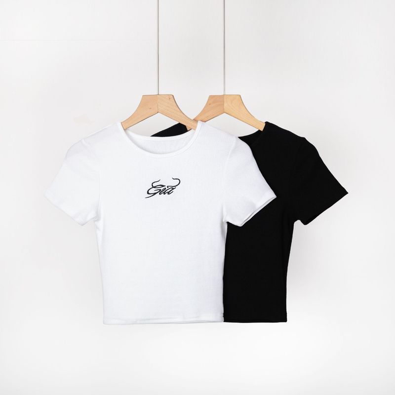Women gia letters embroidery short sleeve ribbed tshirt tee crop top cropped Tee Vintage 90s Casual Solid Summer For 220321