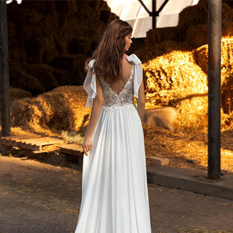 Chic Boho A Line Wedding Dress 2022 Civil V Neck Cap Sleeve Chiffon Beach Bohemian Wedding Dresses With Slit Backless Bride Robe De Mariage Women Vest