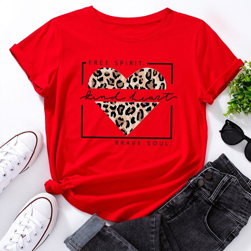 Summer Cotton Women Fashion T-shirts Leopard Heart Print Short Sleeve Clothes Vintage Ladies Tee Tops Female O-Neck TShirts 220328
