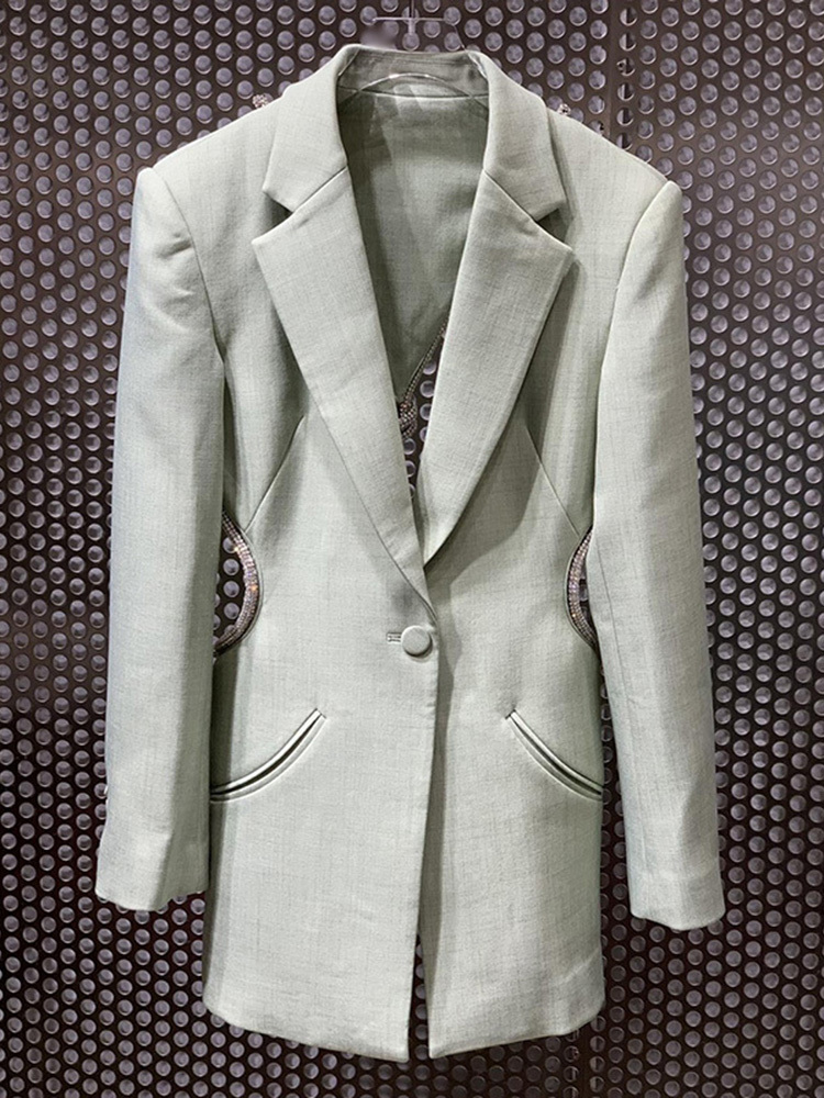VGH Green Patchwork Diamond Blazer For Women Notched Long Sleeve Backless Hollow Out Casual Straight Blazers Female Fashion 220402