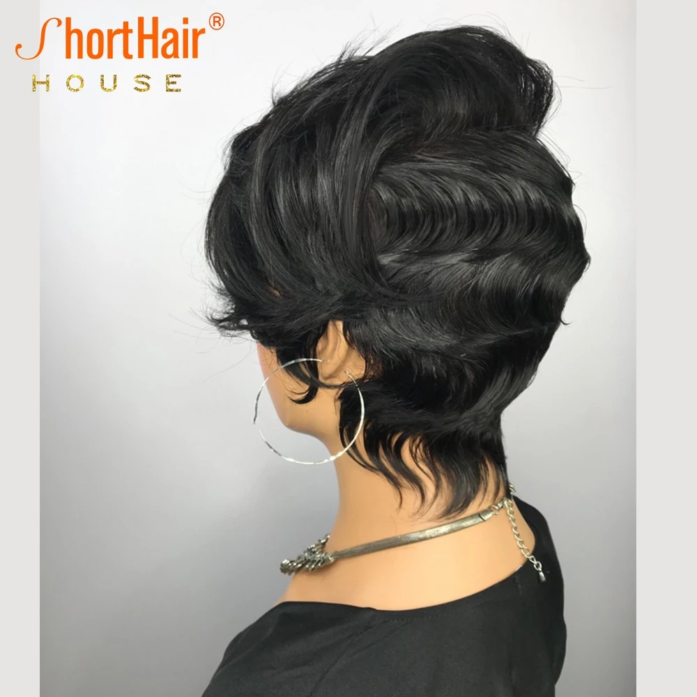 Short Pixie Cut Human Hair Wigs Bob Wavy Wig With Bangs Full Machine Made Wigs For Black Women 150% Density