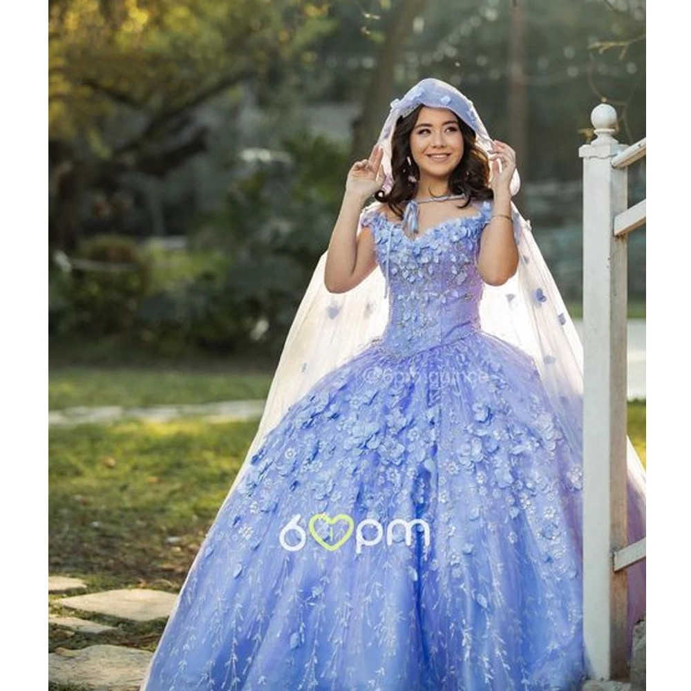 Lanvender Quinceanera Dresses with cape clock 3D floral Ruffles Sweetheart Lace-up Back Sweet 15 Princess Dress vestidos de quinceanera