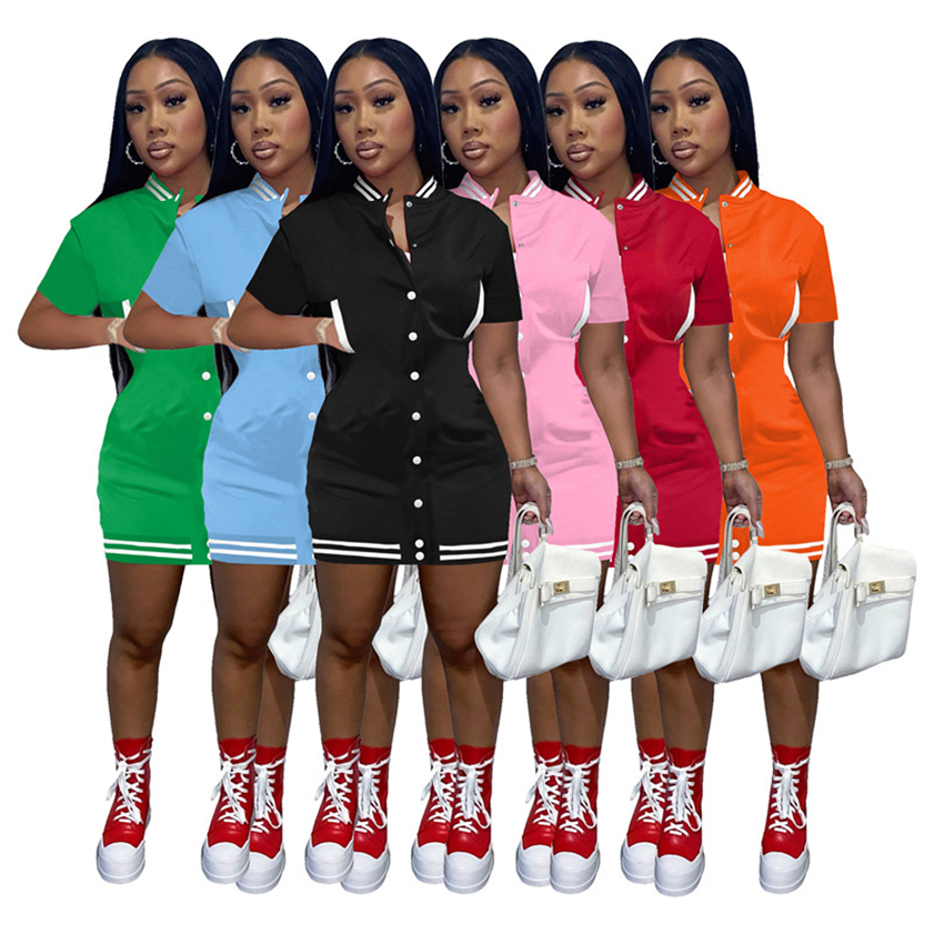 Short Sleeve Mini Dress Baseball Uniform Long Hoodies Single-breasted Sweatshirts Summer Clothes for Woman Slim Pockets Cardigan Tops 7432, Mix color 
Short Sleeve Mini Dress Baseball Uniform Long Hoodies Single-breasted Sweatshirts Summer Clothes for Woman Slim Pockets Cardigan Tops 7432, Mix color