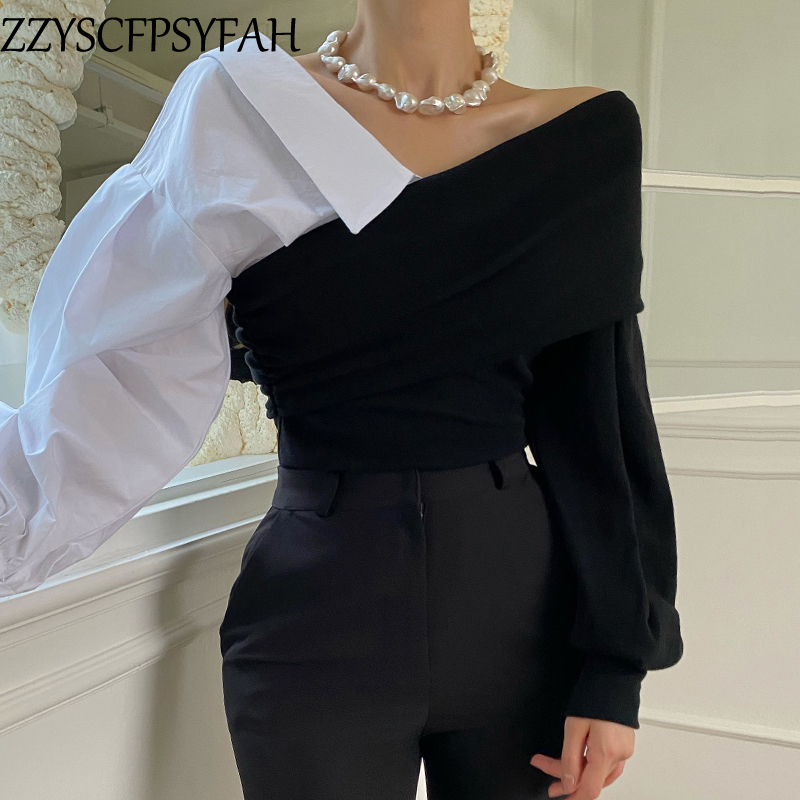 fashion off shoulder top casual Splicing women sexy tops lady beautiful nice woman tshirts female OL Streetwear BAt184 220328