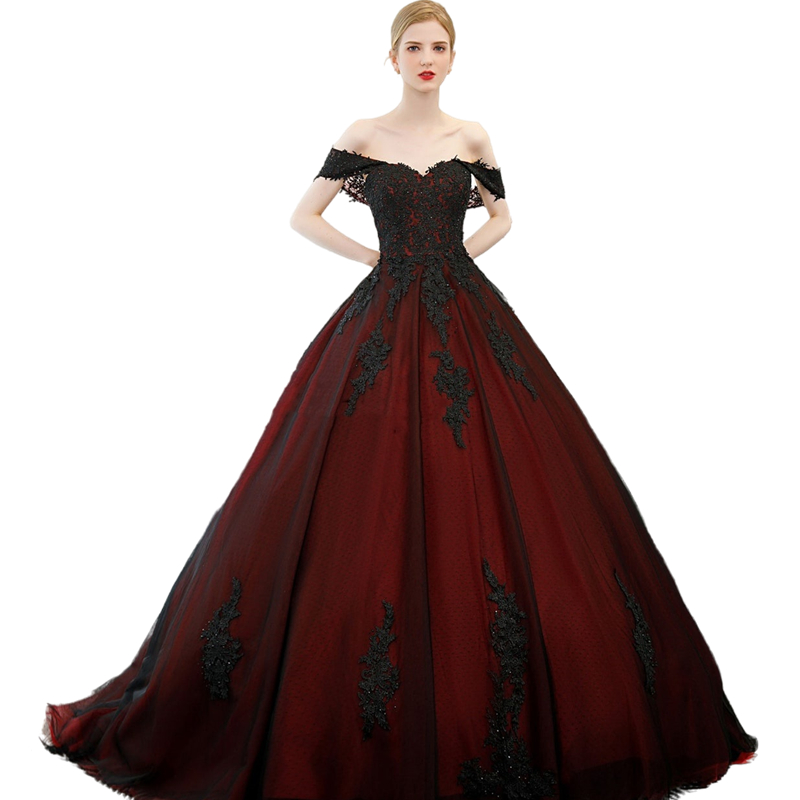 Gothic Black And Red Wedding Dress Lace Applique Beaded Vintage A-Line Bridal Gowns Off The Shoulder V-Neck Bride Dresses Long Plus Size Robe De Marie