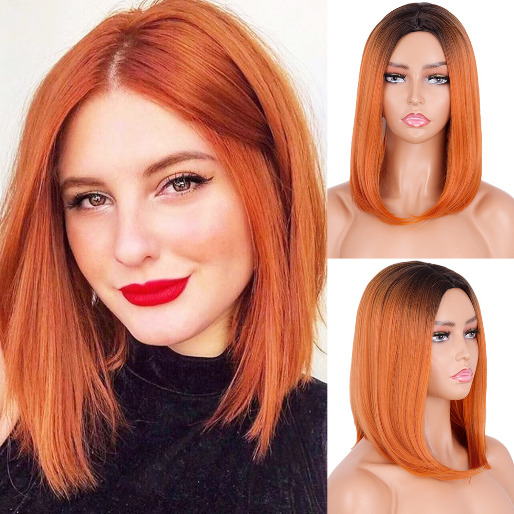 Fshion 14INCH BOB Short Straight Middle Part Wigs Daily Hair Natural Hairline High Temperature wigs blond wine red orange brown color