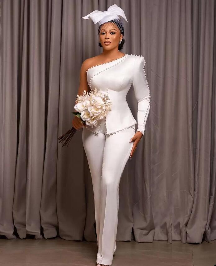 One Shoulder Beach Jumpsuit Wedding Dress 2022 Crepe Stain Simple Long Sleeve Summer Holiday Outdoor Bridal Reception Gown Pant Suit