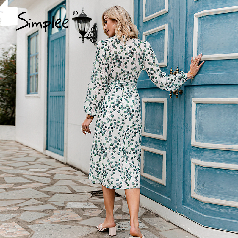 Elegant Green Leaf Print Dress Sexy Spring Long-sleeved V-neck Women Dresses Office Wrap Lace-up A-line Vestidos 220331