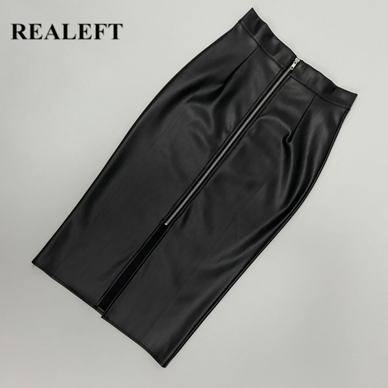 REALEFT Women Black PU Leather Pencil Wrap Skirts Autumn Winter High Waist Zipper Front Split Sheath Long Female 220317