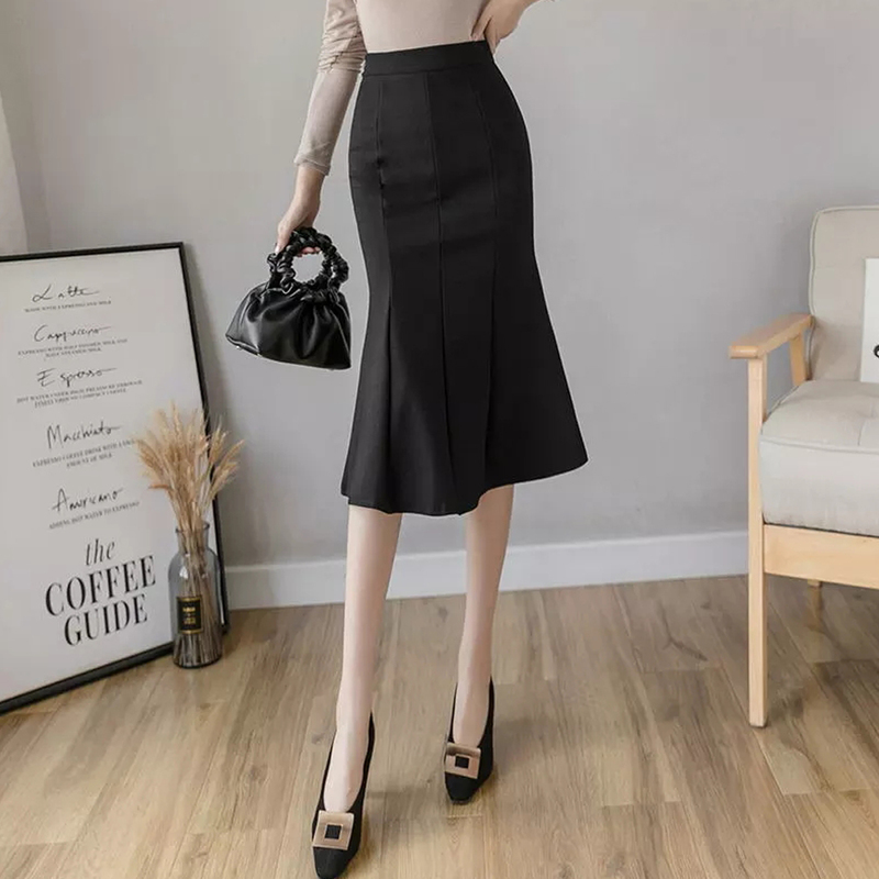 Women High Waist Midi Skirts Plus Size Ruffles Black Khaki Beige Office OL Skirt Fashion Package Hip Mermaid Womens 220317