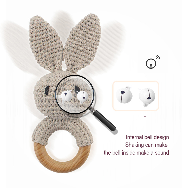 1Set Crochet Bunny Baby Teether Rattle Safe Beech Wooden Teether Ring Pacifier Clip Chain Set born Mobile Gym Educational Toy 220514