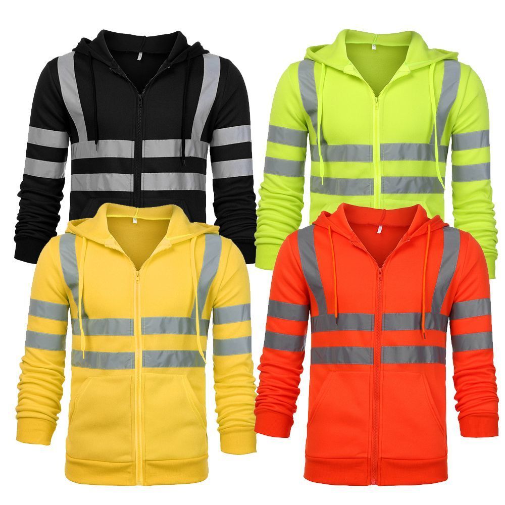 Men's Hoodies Sweatshirts Tops Fleece Sweatshirt Zip Hooded Night Work High Visibility Jacket Hi Viz Vis Reflective Pullover Hoodie 230206