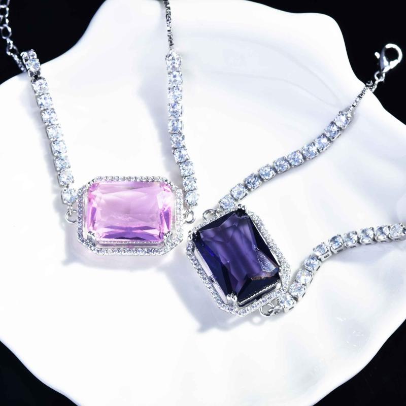 Charm Bracelets Luxury Purple Pink Color Rectangle Bracelet Bangle For Women Anniversary Gift Jewelry Wholesale S6797Charm