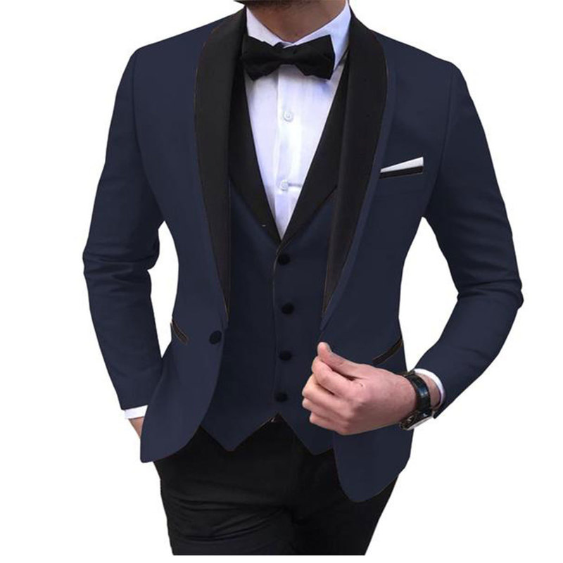 Blue Slit Mens Suits 3 Piece Black Shawl Lapel Casual Tuxedos for Wedding Groomsmen Suits Men BlazerVestPant 220817