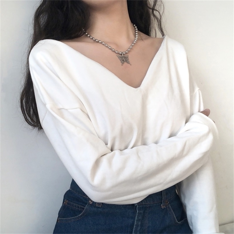 Autumn Winter Deep V-neck Solid Pullovers Cropped Tops Pure Color Sweatshirts Long Sleeve Loose Casual Streetwear 201203