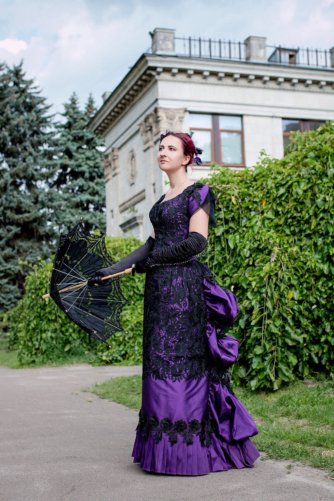 Vintage Purple And Black Victorian Evening Dresses Cap Sleeve Lace Ballroom Prom Gowns 2022 Women Historical Costume Corset Satin Special Occasion Dre