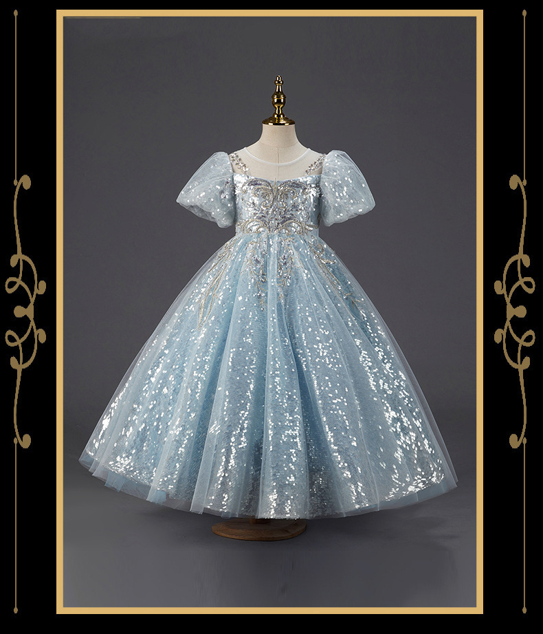 2023 Cute Light Sky Blue Girls Pageant Dresses Princess Tulle Lace sequined Pearls Kids Flower Girl Dress Ball Gown Birthday Gowns Floor Length Hand M
