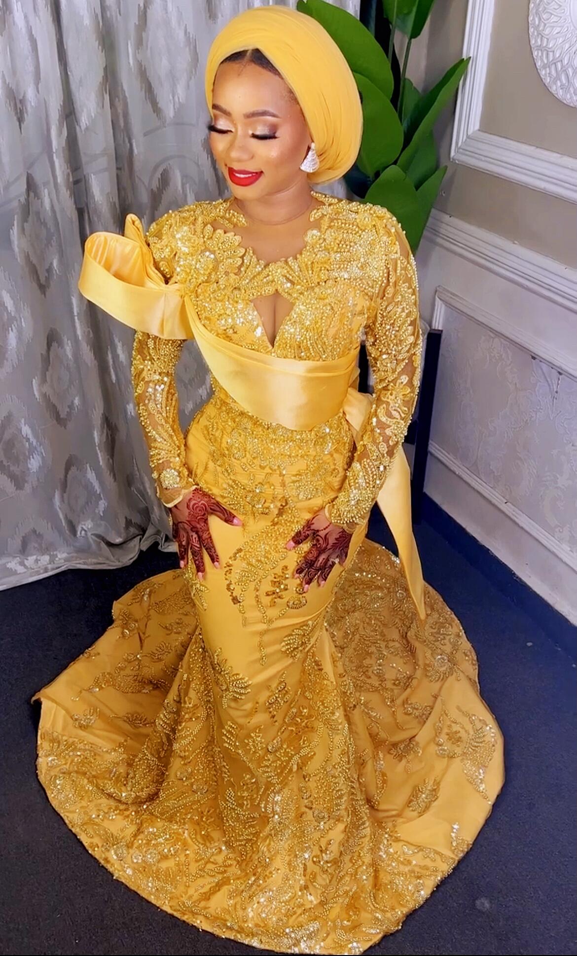 Plus Size Arabic Aso Ebi Mermaid Luxurious Gold Prom Dresses Sequined Lace Evening Formal Party Second Reception Birthday Engagement Gowns Dress ZJ621