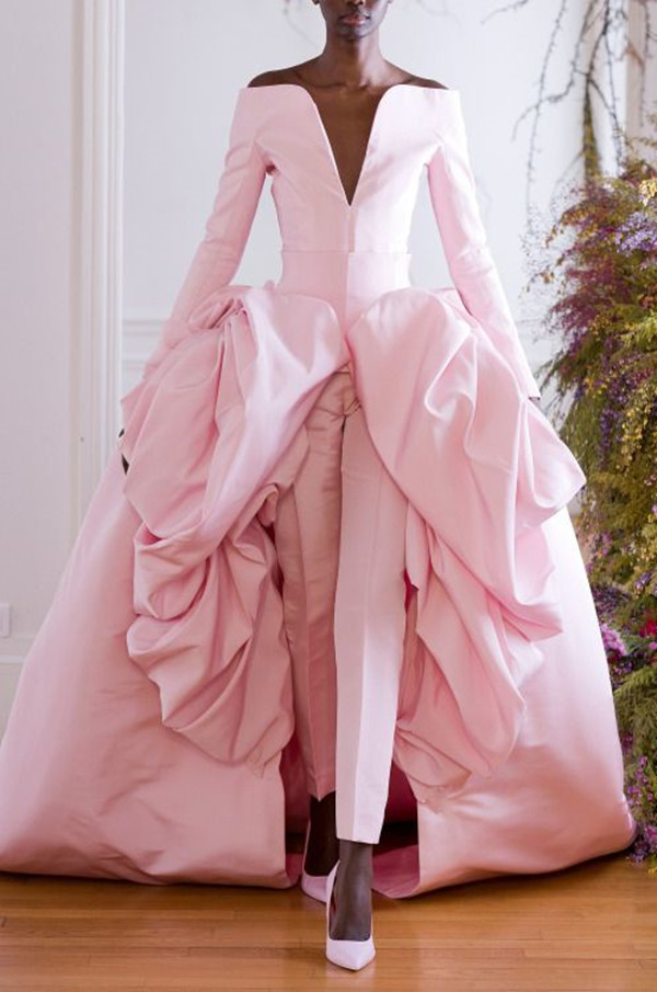 Pink Ashi Studio Princess Jumpsuit Prom Dresses with Ruffles Overskirt 2022 Long Sleeve Stain V-neck Arabic Dubai Outfit Evening Gown Pant Suit