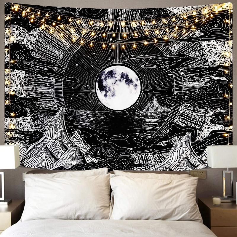 

Tapestries Black Landscape Wall Hanging Decor Space Mountain Wave Sunset Mandala Hippie Tapestry Carpet