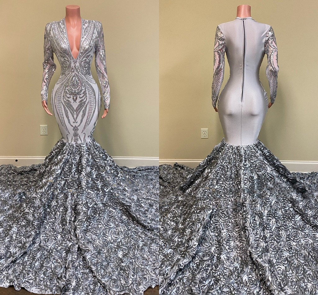Silver Sequins Applique Mermaid Prom Dresses 2022 Long Sleeve Rose Floral Sweep Train Arabic African Evening Reception Gown robe soiree