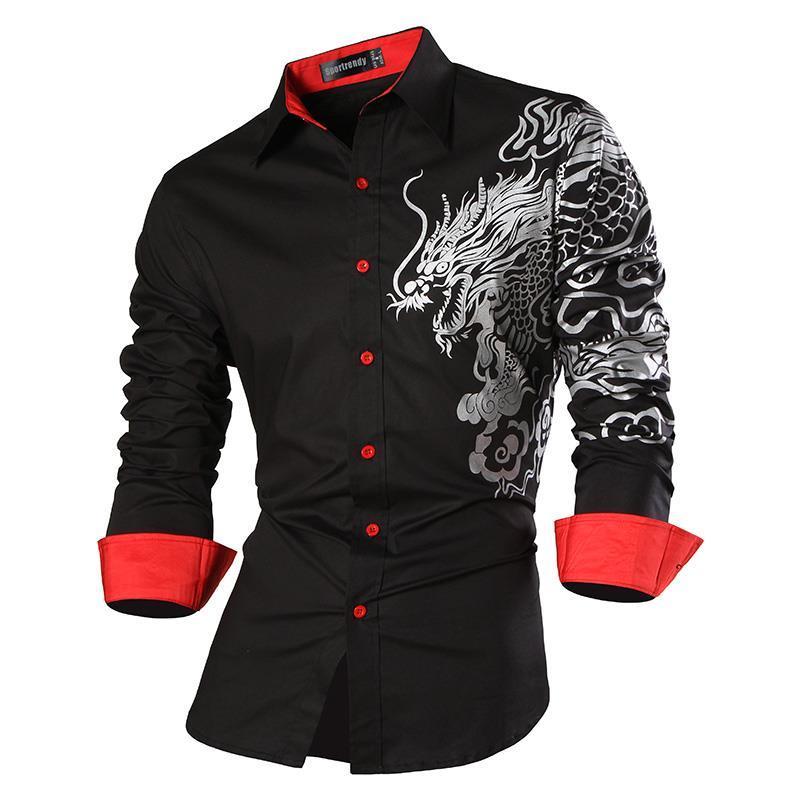 Sportrendy Men's Shirt Dress Casual Long Sleeve Slim Fit Fashion Dragon Stylish JZS041 220401