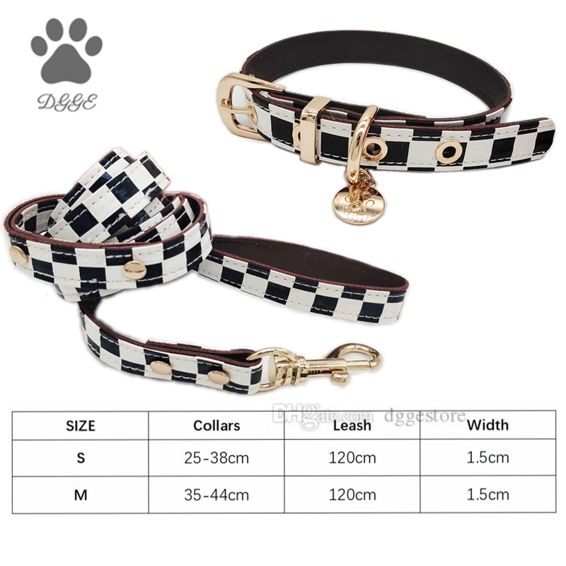 Classic Black White Plaid Collars and Leashes Set Soft Designer Leather Dog Collar for Small Dogs Poodie Chihuahua Pomeranian Yorkshire Outdoor Walk B