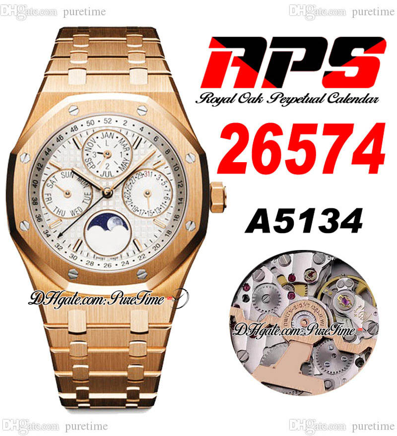 APSF Perpetual Calendar MoonPhase A5134 Automatic Mens Watch 2657 Rose Gold White Grande Tapisserie Dial Stick Stainless Steel Bracelet Super Edition Puretime I9
APSF Perpetual Calendar MoonPhase A5134 Automatic Mens Watch 2657 Rose Gold White Grande Tapisserie Dial Stick Stainless Steel Bracelet Super Edition Puretime I9